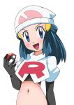  1girl :d alternate_costume beanie black_gloves blue_eyes blue_hair blush commentary_request cropped_jacket dawn_(pokemon) elbow_gloves eyelashes gloves hainchu hair_ornament hairclip hand_up hat highres holding holding_poke_ball jacket long_hair looking_at_viewer midriff navel open_mouth poke_ball poke_ball_(basic) pokemon pokemon_(anime) pokemon_dppt_(anime) simple_background smile solo team_rocket_uniform tongue white_background white_headwear white_jacket 