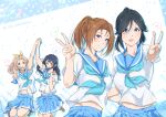  ! 4girls :d :o arm_up bangs black_hair blonde_hair blue_eyes blue_hair blue_neckwear blue_sailor_collar blue_skirt blush brown_footwear brown_hair closed_mouth comiket_96 green_eyes hair_ribbon hibike!_euphonium highres holding_hands jumping kasaki_nozomi kitauji_high_school_uniform kuziaaizuk liz_to_aoi_tori loafers long_hair midriff multiple_girls nakagawa_natsuki navel neckerchief open_mouth outstretched_arm pleated_skirt ponytail purple_eyes red_eyes ribbon sailor_collar school_uniform serafuku shirt shoes short_sleeves skirt smile socks speech_bubble standing v white_legwear white_shirt yellow_ribbon yoroizuka_mizore yoshikawa_yuuko 