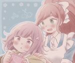  2girls :d :o apron bangs blue_dress blunt_bangs blush bow brown_eyes brown_hair brown_jacket cleaning_brush collared_shirt commentary_request danganronpa_(series) danganronpa_3_(anime) dress flipped_hair green_eyes hair_bow hair_ornament hand_on_another&#039;s_shoulder handheld_game_console highres holding hood hood_down hooded_jacket jacket light_brown_hair long_hair long_sleeves maid maid_apron medium_hair multiple_girls nanami_chiaki open_mouth playing_games ponytail shirt smile spaceship_hair_ornament upper_teeth white_apron white_bow white_shirt yuki_maru_(yukimaru_1) yukizome_chisa 