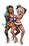  2girls 5t_(5t_000) absurdres arm_around_waist ass_visible_through_thighs bea_(pokemon) belly_chain bikini black_hairband breast_press breasts bridal_gauntlets choker closed_eyes dark-skinned_female dark_skin earrings eyeshadow fishnet_legwear fishnets gloves grin gym_leader hair_between_eyes hair_bun hairband high_heels highres hoop_earrings jewelry large_breasts long_hair makeup medium_breasts micro_bikini multicolored_hair multiple_girls nessa_(pokemon) pokemon pokemon_(game) pokemon_swsh revealing_clothes short_hair sideboob smile swimsuit two-tone_hair white_background 