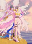  1boy 1girl angel angel_wings angemon angewomon asymmetrical_clothes bare_shoulders beach belt blonde_hair boots breasts center_opening cleavage collarbone colored_skin commentary_request covered_collarbone covered_eyes digimon digimon_(creature) digimon_adventure elbow_gloves facing_another feathered_wings feathers full_body gloves hands_up head_wings helmet hetero high_heels highres holding_hands large_breasts long_hair multiple_wings navel o-ring outdoors raichi274 shawl skindentation smile standing thigh_strap white_skin white_wings wings 