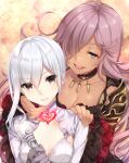  2girls :d bangs black_dress breasts bullet choker cinderella_(sinoalice) cleavage closed_mouth dark-skinned_female dark_skin dress gloves hair_between_eyes hair_over_one_eye heart holding holding_staff long_hair long_sleeves looking_at_another looking_at_viewer multiple_girls open_mouth pink_eyes pink_hair sinoalice smile snow_white_(sinoalice) staff teeth teroru white_dress white_gloves white_hair 