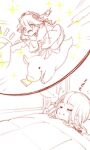  1girl :d bangs bed bed_sheet bedroom chibi closed_eyes closed_mouth curtains dreaming hair_between_eyes hair_ornament little_red_riding_hood_(sinoalice) long_hair long_sleeves open_mouth pig riding simple_background sinoalice sketch sleeping smile solo star_(symbol) teeth teroru white_background window zzz 
