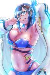  1girl bangs bare_shoulders bikini black_hair blue_bikini blue_eyes blush breasts chest_tattoo cleavage collarbone earrings glasses granblue_fantasy hairband highres illnott jacket jewelry large_breasts long_hair long_sleeves looking_at_viewer navel off_shoulder open_clothes open_jacket open_mouth renkon_(s36tereste) see-through see-through_jacket sheer_clothes smile solo stomach_tattoo swimsuit tattoo thighs 