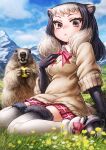  1girl alpine_marmot_(kemono_friends) animal_ears beige_sweater black_gloves black_hair bow bowtie brown_eyes collared_shirt commentary_request elbow_gloves eyebrows_visible_through_hair fur_trim gloves grass grey_hair grey_legwear highres kemono_friends lain looking_at_viewer mountain multicolored_hair plaid plaid_skirt pleated_skirt red_neckwear red_skirt shirt short_hair short_sleeves sitting skirt sky solo squirrel_ears squirrel_girl squirrel_tail tail thighhighs white_shirt zettai_ryouiki 