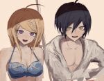  1boy 1girl :d ahoge akamatsu_kaede bangs bare_shoulders bikini black_hair blonde_hair blue_bikini blush breasts cleavage collarbone commentary_request danganronpa_(series) danganronpa_s:_ultimate_summer_camp danganronpa_v3:_killing_harmony eyebrows_visible_through_hair grey_jacket hair_ornament hood hooded_jacket iumi_urura jacket long_hair looking_at_viewer musical_note musical_note_hair_ornament open_mouth purple_eyes saihara_shuuichi smile swimsuit upper_body upper_teeth 