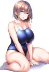  1girl barefoot blue_eyes blue_swimsuit breasts brown_hair collarbone commentary_request eyebrows_visible_through_hair eyes_visible_through_hair highres huge_breasts looking_at_viewer one-piece_swimsuit original short_hair simple_background sitting solo swimsuit thick_thighs thighs tsukumiya_amane wariza white_background 