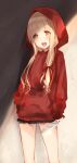  1girl :d bangs blonde_hair hair_between_eyes hair_ribbon holding holding_knife hood hoodie knife legs little_red_riding_hood_(sinoalice) long_hair looking_at_viewer open_mouth red_hoodie ribbon shadow sinoalice smile solo teeth teroru yellow_eyes 