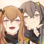  2girls black_bow black_gloves black_scarf blush bow brown_eyes brown_hair closed_mouth fingerless_gloves girls&#039;_frontline gloves grey_hair hair_between_eyes hair_bow highres long_hair looking_at_viewer multiple_girls open_mouth red_eyes scar scar_across_eye scarf sd_bigpie ump45_(girls&#039;_frontline) ump9_(girls&#039;_frontline) 