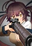  1girl absurdres ahoge aiming amehashi_(vdde3724) antenna_hair bangs battle_rifle breasts brown_hair commentary_request girls&#039;_frontline grey_background gun hair_ribbon highres holding holding_gun holding_weapon large_breasts long_hair long_sleeves m14 m14_(girls&#039;_frontline) off_shoulder ribbon rifle solo twintails upper_body weapon yellow_eyes 