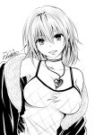  1girl 2021 :d artist_name black_gloves breasts character_request cleavage commentary_request dated earrings eyelashes fur_jacket fur_trim gloves happy jacket jewelry large_breasts looking_at_viewer monochrome necklace open_mouth signature simple_background sketch smile solo standing to_love-ru white_background yabuki_kentarou 