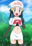  1girl :d alternate_costume beanie black_footwear black_gloves blue_eyes blue_hair blush boots clenched_hand cloud commentary_request cropped_jacket dawn_(pokemon) day elbow_gloves eyelashes gloves hainchu hair_ornament hairclip hand_up hat highres jacket long_hair midriff navel open_mouth outdoors pokemon pokemon_(anime) pokemon_dppt_(anime) skirt sky smile solo team_rocket_uniform thigh_boots thighhighs white_headwear white_jacket white_skirt 