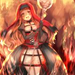  1girl :d bangs black_gloves blonde_hair corset dress elbow_gloves fire gloves hair_between_eyes holding holding_staff little_red_riding_hood_(sinoalice) long_hair long_sleeves open_mouth red_dress red_hair sinoalice smile solo staff teroru yellow_eyes 