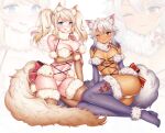  2girls animal_ears ass banglinh1997 bangs blonde_hair blue_eyes blush breasts brown_eyes cleavage dark-skinned_female dark_skin fox_ears fox_girl fox_tail highres kneeling large_breasts licking_lips looking_at_viewer lying multicolored_hair multiple_girls naughty_face navel on_side one_eye_closed original tail thighhighs thighs tongue tongue_out white_hair 