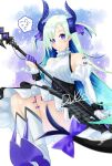  1girl asymmetrical_horns bare_shoulders black_skirt blue_hair boots brynhildr_(fate) commentary_request cosplay detached_sleeves elizabeth_bathory_(fate) elizabeth_bathory_(fate)_(all) elizabeth_bathory_(fate)_(cosplay) fate/grand_order fate_(series) hair_ribbon holding holding_polearm holding_weapon horns lapis429 light_smile long_hair polearm purple_eyes purple_ribbon ribbon shirt signature skirt solo spoken_sweatdrop sweatdrop tail very_long_hair weapon white_footwear white_shirt white_sleeves 