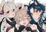  3boys ^_^ aether_(genshin_impact) ahoge animal_ears bangs bead_necklace beads black_gloves black_scarf blonde_hair blue_hair cat_boy cat_ears closed_eyes earrings eyebrows_visible_through_hair facial_mark fang forehead_mark frown genshin_impact gloves hair_between_eyes hand_up hands_up highres jewelry kaedehara_kazuha long_hair male_focus multicolored_hair multiple_boys necklace open_mouth paw_pose ponytail red_eyes red_hair riiichi5 scarf single_earring smile streaked_hair two-tone_hair upper_body v-shaped_eyebrows white_hair xiao_(genshin_impact) yellow_eyes 