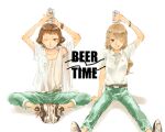 2girls arm_support bangs beer_can belt brown_eyes brown_hair can closed_mouth collarbone commentary_request denim earrings english_text eyebrows_visible_through_hair hand_up hands_up highres holding holding_can ise-san_to_shima-san ise_kanae jeans jewelry licking_lips light_brown_hair long_hair looking_at_viewer multiple_girls object_on_head official_art one_eye_closed pants parted_lips shadow shima_mamori shirt short_hair short_sleeves simple_background sitting smile spread_legs tank_top teeth tokuwotsumu tongue tongue_out watch white_background white_shirt white_tank_top wristwatch 