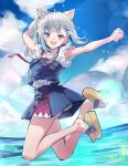  1girl :d ahoge animal_ears bare_legs blue_eyes blue_hair blue_skirt blurry bokeh buttons cat_ears cloud cloudy_sky depth_of_field eyebrows_visible_through_hair fish_tail frilled_shirt frills full_body gawr_gura hololive hololive_english jumping looking_at_viewer medium_hair minimaru miniskirt multicolored_hair ocean official_alternate_costume open_mouth outdoors outstretched_arm sandals shark_girl shark_tail shirt short_sleeves side_ponytail signature silver_hair skirt skirt_set sky smile solo streaked_hair suspenders tail virtual_youtuber water white_shirt 