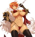  1girl abs apt arm_behind_back armor ass_visible_through_thighs axe bikini breasts cape eyebrows_visible_through_hair from_below fur fur_cape gauntlets green_eyes highres large_breasts orange_hair original short_hair solo swimsuit thighhighs underboob 