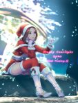  1girl 2020 avatar_(ff11) blurry blurry_background boots brown_eyes brown_hair capelet christmas closed_mouth copyright_name final_fantasy final_fantasy_xi fur-trimmed_capelet fur-trimmed_gloves fur-trimmed_legwear fur-trimmed_sleeves fur_trim gloves hat high_heel_boots high_heels highres hume long_sleeves medium_hair mistletoe red_capelet red_headwear red_legwear santa_costume santa_hat shorts sitting smile solo white_footwear white_gloves white_shorts yuccoshi 