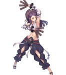  1girl bangs bridal_gauntlets choker fire_emblem fire_emblem_fates fire_emblem_heroes full_body hair_ornament highres japanese_clothes long_hair midriff navel official_art orochi_(fire_emblem) oukawa_yuu pants purple_eyes purple_hair sandals shiny shiny_hair solo stomach tied_hair toeless_footwear toes transparent_background 