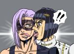  ! !! 2boys black_eyes black_hair bob_cut bruno_buccellati collarbone commentary_request highres jojo_no_kimyou_na_bouken male_focus mask melone multiple_boys open_mouth pink_hair shideboo_(shideboh) spoken_exclamation_mark sweat tongue tongue_out vento_aureo yaoi 