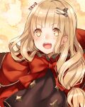  1girl :d bangs black_dress blonde_hair commentary dress hair_between_eyes hair_ornament hair_ribbon hairpin little_red_riding_hood_(sinoalice) long_hair looking_at_viewer open_mouth red_hood ribbon sinoalice smile solo teeth teroru v-shaped_eyebrows yellow_background yellow_eyes 