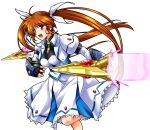  1girl black_gloves blouse bracer brown_hair commentary_request cropped_jacket eyebrows_visible_through_hair fingerless_gloves gloves hair_ribbon jacket juliet_sleeves leg_up long_hair long_sleeves looking_to_the_side lyrical_nanoha magical_girl mahou_senki_lyrical_nanoha_force medium_skirt open_mouth puffy_sleeves purple_eyes raising_heart ribbon san-pon simple_background skirt smile solo standing standing_on_one_leg takamachi_nanoha very_long_hair white_background white_blouse white_jacket white_legwear white_skirt 