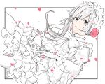  1girl alternate_costume bad_id bad_pixiv_id bangs border dress frilled_dress frills gloves headdress lolita_fashion looking_at_viewer open_mouth oyuk1nz parted_bangs petals ribbon short_hair sidelocks simple_background sinoalice sketch snow_white_(sinoalice) solo white_background white_dress white_gloves white_hair white_legwear 