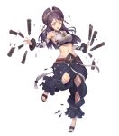  1girl bangs bridal_gauntlets choker fire_emblem fire_emblem_fates fire_emblem_heroes full_body hair_ornament highres japanese_clothes long_hair midriff navel official_art orochi_(fire_emblem) oukawa_yuu pants purple_eyes purple_hair sandals shiny shiny_hair solo stomach tied_hair toeless_footwear toes transparent_background 
