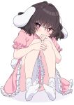  1girl absurdres animal_ears bangs black_hair blush bunny_ears bunny_tail dress eyebrows_visible_through_hair eyes_visible_through_hair hair_between_eyes hands_on_own_knees highres inaba_tewi looking_at_viewer no_shoes pink_dress pink_eyes pink_sleeves puffy_short_sleeves puffy_sleeves short_hair short_sleeves simple_background sitting socks solo tail touhou tsukimirin white_background white_legwear 