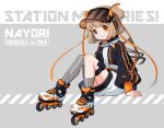  1girl asymmetrical_legwear blush brown_hair character_name character_request commentary_request english_text eyelashes grey_legwear hair_ornament hair_ribbon happy inline_skates jacket kashito05 looking_at_viewer medium_hair orange_eyes ribbon roller_skates short_twintails sitting skates smile solo station_memories thighhighs thighs twintails 