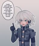  1boy ahoge android bangs black_gloves cheer_(cheerkitty14) danganronpa_(series) danganronpa_v3:_killing_harmony english_commentary english_text glados gloves grey_background grey_eyes grey_hair hair_between_eyes hand_up headphones highres index_finger_raised keebo looking_at_viewer male_focus open_mouth outline portal_(series) short_hair solo speech_bubble upper_body white_outline 