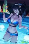  1girl bikini black_hair blue_bikini blue_eyes breasts dated etna_(artist) glasses granblue_fantasy hairband holding holding_water_gun illnott large_breasts night pool signature swimsuit wading water_gun 