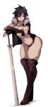 1girl black_hair black_panties boots breasts brown_footwear brown_gloves cleavage closed_mouth crossed_arms fingerless_gloves full_body gloves hair_between_eyes highres lamb-oic029 long_sword mole mole_on_breast navel original panties planted planted_sword red_eyes short_hair simple_background solo standing sword thigh_boots thighhighs underwear weapon white_background 