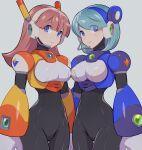  2girls absurdres android arm_cannon armor arms_at_sides bangs black_bodysuit blue_eyes blue_hair blunt_bangs bodysuit breasts closed_mouth commentary_request eyebrows_visible_through_hair eyes_visible_through_hair framed_breasts gloves grey_background headgear headset highres hoshi_mikan large_breasts long_hair looking_at_viewer mega_man_(series) mega_man_x_(series) microphone multiple_girls navigator_(mega_man) pink_hair robot_ears short_hair side-by-side simple_background standing weapon white_gloves 