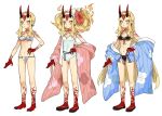  1girl bikini black_bikini blonde_hair breasts earrings facial_mark fate/grand_order fate_(series) flower forehead_mark fundoshi hair_flower hair_ornament hizuki_aya horns ibaraki_douji_(fate) japanese_clothes jewelry leotard long_hair oni_horns pointy_ears sandals sarashi sidelocks slit_pupils small_breasts swimsuit very_long_hair yellow_eyes 