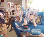 5girls absurdres animal_ears apron blonde_hair bloop_(gawr_gura) blue_hair bubba_(watson_amelia) cake chopsticks closed_mouth commentary cookie couch cup cup_ramen curtains death-sensei_(mori_calliope) feet feet_up fish_tail food gawr_gura hair_ornament headpiece highres holding holding_cup holding_spoon hololive hololive_english huge_filesize instant_ramen kitchen midriff monocle_hair_ornament mori_calliope multicolored_hair multiple_girls naked_apron navel ninomae_ina&#039;nis nintendo_switch on_couch one_eye_closed orange_hair parted_lips pillow pink_hair purple_hair shadow shark shark_tail shrimp silver_hair sitting soles spoon streaked_hair tail takanashi_kiara tako_(ninomae_ina&#039;nis) tentacle_hair thighhighs toes turkey_(food) virtual_youtuber walfie_(style) watson_amelia youtube_creator_award zeng$_(zwj) 