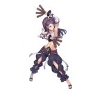  1girl absurdres armpits bangs bridal_gauntlets choker closed_mouth collarbone commentary_request dual_wielding fire_emblem fire_emblem_fates fire_emblem_heroes full_body hair_ornament highres holding japanese_clothes long_hair midriff navel official_art orochi_(fire_emblem) oukawa_yuu pants purple_eyes purple_hair sandals shiny shiny_hair simple_background smile solo stomach tied_hair toeless_footwear toes white_background 
