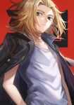  1boy black_eyes black_jacket blonde_hair closed_mouth collarbone empty_eyes highres jacket jacket_on_shoulders looking_at_viewer male_focus medium_hair red_background sano_manjirou shirt solo tokyo_revengers tsugutoku upper_body white_shirt 