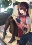  1girl bag bangs black_legwear blue_eyes blush bow bowtie brown_hair collared_shirt commentary_request controller couch hair_ornament hairclip highres holding holding_controller indoors knees_up long_hair looking_at_viewer magazine nintendo_switch original pantyhose parted_lips phone plant pleated_skirt red_bow red_neckwear red_skirt red_vest school_bag school_uniform shirt short_sleeves sitting skirt smile solo unasaka_ryou vest white_shirt 