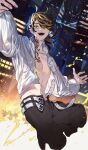  1boy abs absurdres arms_up bangs belt black_hair black_pants blonde_hair chest_tattoo city collarbone cowboy_shot falling hanemiya_kazutora highres long_hair long_sleeves looking_at_viewer male_focus mole mole_under_eye multicolored_hair neck_tattoo no_legs open_clothes open_mouth open_shirt pants shirt smile solo sooo swept_bangs tattoo tokyo_revengers two-tone_hair white_belt white_shirt yellow_eyes 