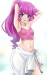  1girl armpits arms_behind_head arms_up bangs blue_eyes blurry blurry_background blush bra breasts cowboy_shot eyebrows_visible_through_hair kirishima_romin long_hair looking_at_viewer midriff navel open_mouth purple_bra purple_hair r-binon small_breasts smile solo underwear white_background yu-gi-oh! yu-gi-oh!_sevens 