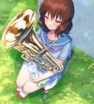  1girl bangs blonde_hair blue_skirt blush bottle brown_hair chair collared_shirt curly_hair day euphonium grass handkerchief hibike!_euphonium holding holding_bottle holding_instrument instrument kitauji_high_school_uniform legs_together medium_hair oumae_kumiko sailor_collar school_uniform serafuku shadow shirt sitting skirt solo sugihara_azuki sunlight water_bottle 