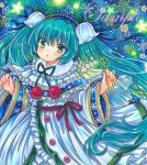  1girl :o aqua_hair blue_hairband blue_ribbon blush capelet cherry dress eyebrows_visible_through_hair flower food frilled_capelet frilled_dress frills fruit fur-trimmed_capelet fur_trim green_eyes green_ribbon hair_flower hair_ornament hair_ribbon hairband hatsune_miku holding holding_flower lily_of_the_valley long_hair long_sleeves looking_at_viewer marker_(medium) open_mouth red_ribbon ribbon rui_(sugar3) sample snowbell_(flower) solo too_many too_many_frills traditional_media treble_clef very_long_hair vocaloid white_capelet white_dress white_flower wide_sleeves yuki_miku yuki_miku_(2015) 