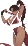  1girl ass bare_shoulders breasts brown_eyes brown_hair cleavage closed_fan fan fatal_fury folding_fan high_ponytail highres japanese_clothes large_breasts long_hair looking_at_viewer morry ninja pelvic_curtain ponytail revealing_clothes shiranui_mai sideboob solo the_king_of_fighters thighs 