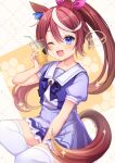  1girl ;d animal_ears bendy_straw blue_eyes blue_shirt blue_skirt brown_hair commentary_request cup disposable_cup drinking_straw feet_out_of_frame frilled_skirt frills hair_ribbon hand_up highres holding holding_cup horse_ears horse_girl horse_tail long_hair looking_at_viewer multicolored_hair one_eye_closed open_mouth pink_ribbon pk_(mukasihasakana) pleated_skirt ponytail puffy_short_sleeves puffy_sleeves ribbon school_uniform shirt short_sleeves skirt smile solo streaked_hair tail thighhighs tokai_teio_(umamusume) tracen_school_uniform umamusume very_long_hair white_hair white_legwear 