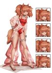  1girl :d angelina_(arknights) angelina_(summer_flowers)_(arknights) animal_ears arknights bangs bare_legs bare_shoulders black_choker blush breasts brown_eyes brown_hair chinese_commentary choker collarbone commentary_request expressions eyebrows_visible_through_hair fox_ears fox_tail full_body hair_ribbon hand_on_hip highres infection_monitor_(arknights) long_hair multiple_views off_shoulder one-piece_swimsuit open_mouth parted_lips red_ribbon red_swimsuit ribbon sandals simple_background small_breasts smile spaghetti_strap standing swimsuit tail the_d6 thigh_strap thighs twintails white_background 