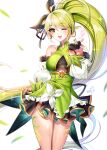  1girl ;d ahoge anemos_(elsword) black_bow black_gloves black_skirt bow breasts cowboy_shot detached_sleeves earrings elsword fingerless_gloves fingernails gloves green_eyes green_hair green_nails hair_bow heart highres hoop_earrings jewelry large_breasts long_hair looking_at_viewer one_eye_closed open_mouth pointy_ears ponytail puffy_sleeves rena_erindel signature simple_background skirt smile solo standing underboob white_background white_sleeves xes_(xes_5377) 