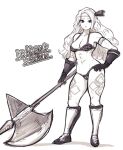  1girl amazon_(dragon&#039;s_crown) armor axe big_hair bikini_armor boots breasts circlet closed_mouth contrapposto copyright_name dragon&#039;s_crown full_body gloves hand_on_hip highres holding holding_axe holding_weapon huge_weapon knee_boots lamb-oic029 long_hair looking_at_viewer medium_breasts navel simple_background solo thick_thighs thighs toned weapon white_background 